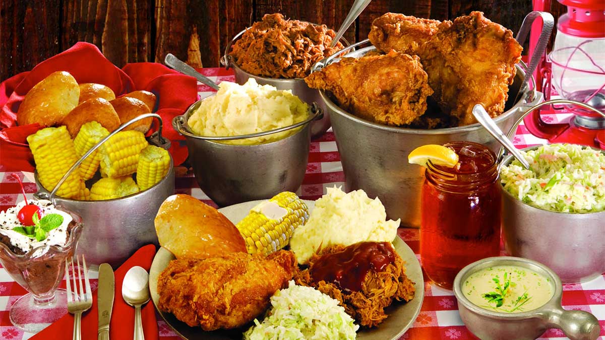 close up of food on table with potatoes and corn at Hatfield & McCoy Dinner Theater in Pigeon Forge, Tennessee, USA
